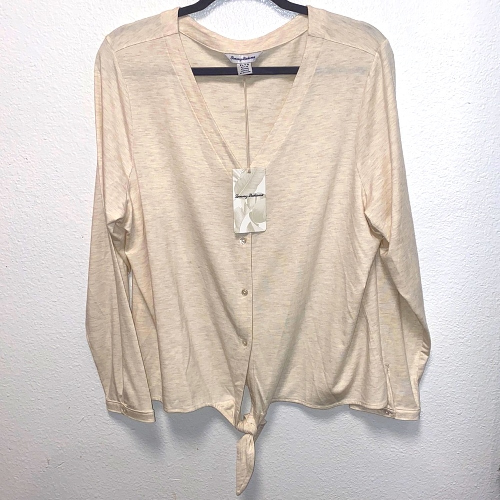 Tommy Bahama Kauai Tie Front Camp Shirt Womens Size XL Long Sleeve V Neck